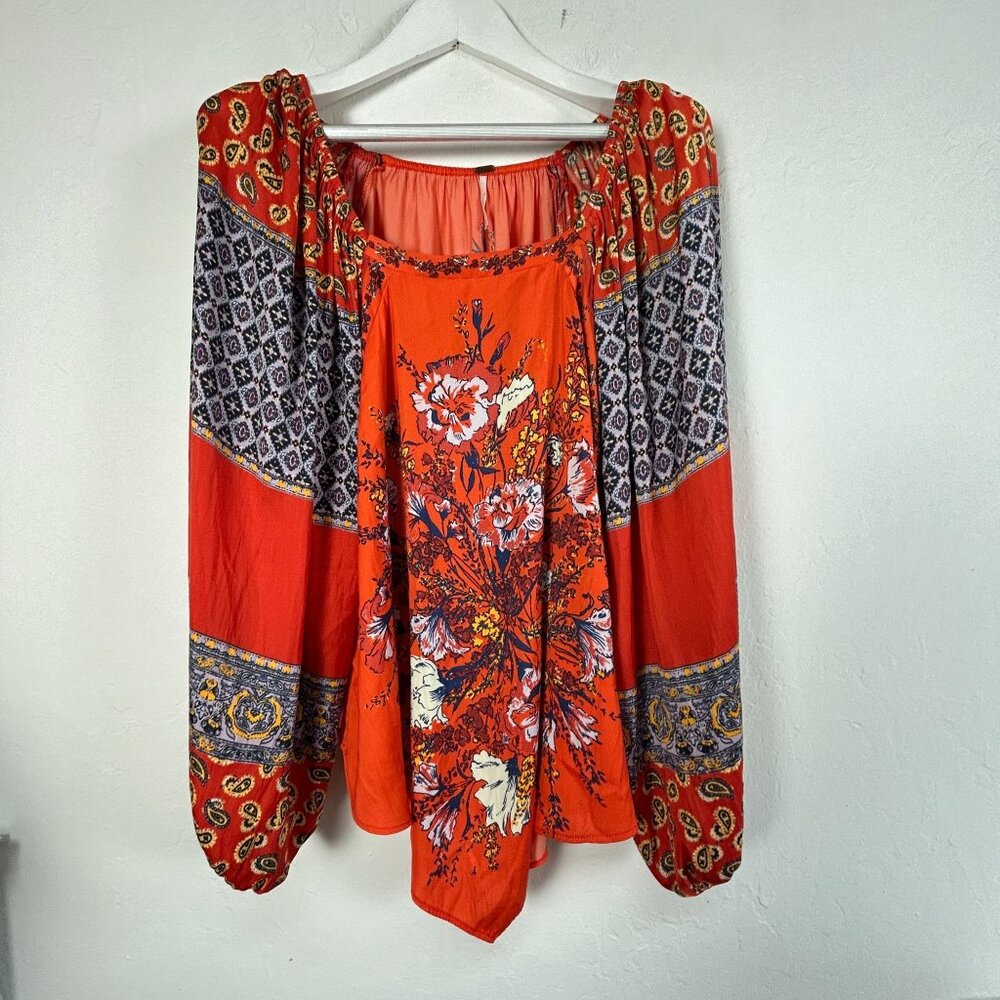 Free People Womens Off-Shoulder Positano Blouse Top Medium Orange Floral Boho